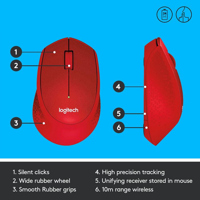 Logitech M330 Silent Plus Souris Sans Fil Silencieuse, 1000 dpi, Autonomie 24 Mois, Connexion USB 2.4GHz, Récepteur Nano, Rouge