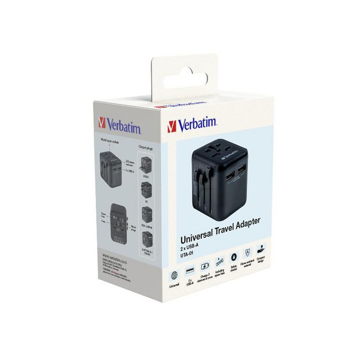 Verbatim Adaptateur de Voyage Universel 12W avec 2 Ports USB-A, UTA-01 - Compatible 180+ Pays, Charge 3 Appareils Simultanément