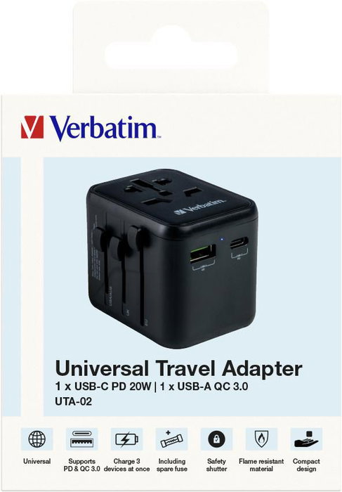 Verbatim Adaptateur de Voyage Universel avec Ports USB-C PD 20W et USB-A QC 3.0 - Charge Rapide 3 en 1 pour Plus de 180 Pays
