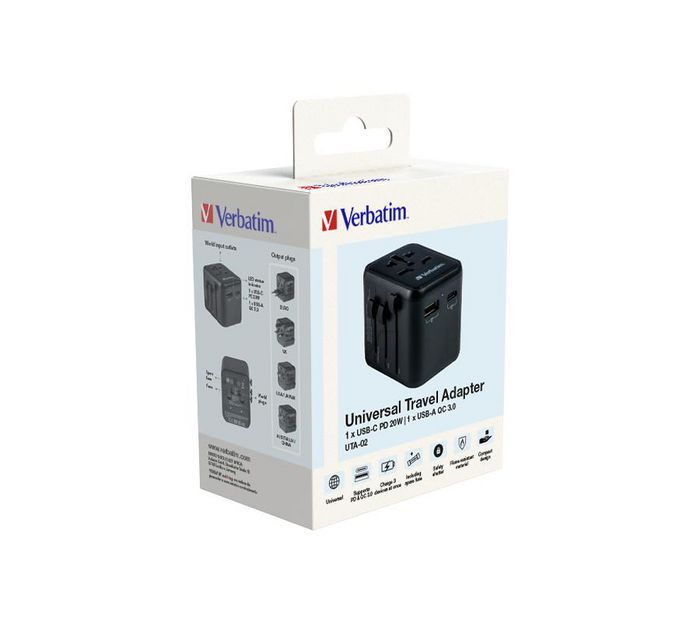 Verbatim Adaptateur de Voyage Universel avec Ports USB-C PD 20W et USB-A QC 3.0 - Charge Rapide 3 en 1 pour Plus de 180 Pays