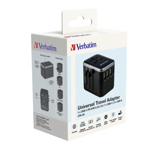 Verbatim UTA-04 Adaptateur de Voyage Universel 61W Chargeur USB-C PD QC 3.0 6 Ports