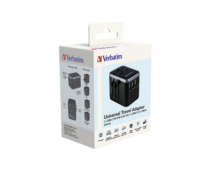 Verbatim UTA-04 Adaptateur de voyage universel 61W - 6 ports (1 USB-C PD 61W, 1 USB-C, 3 USB-A) - Prises EU/UK/US/AUS/CH