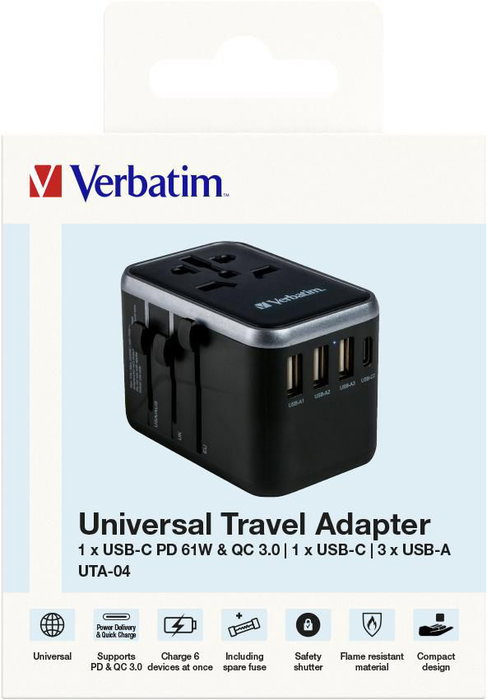 Verbatim UTA-04 Adaptateur de voyage universel 61W - 6 ports (1 USB-C PD 61W, 1 USB-C, 3 USB-A) - Prises EU/UK/US/AUS/CH