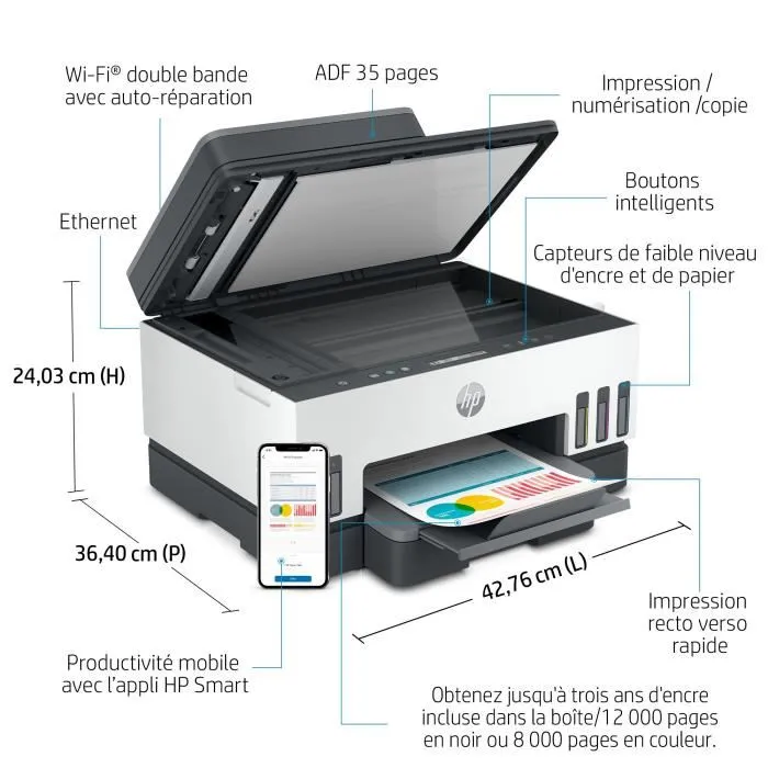 HP Smart Tank 7305 - Imprimante Tout-en-un à jet d'encre thermique Couleur, recto-verso auto., réservoirs d'encre - Jusqu'au A4 HP Smart Tank 7305 - Imprimante Tout-en-un à jet d'encre thermique Couleur, recto-verso auto., réservoirs d'encre - Jusqu'au A4