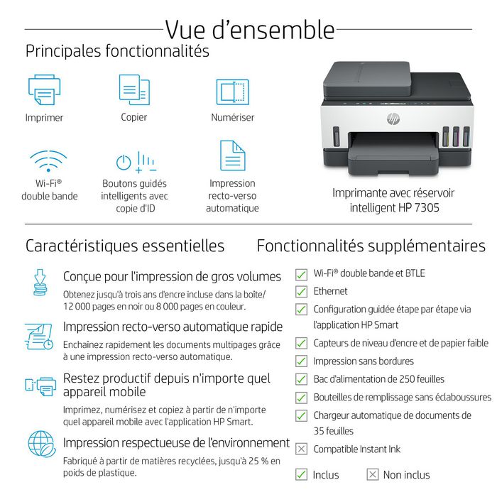 HP Smart Tank 7305 Multifonction couleur Wi-Fi Duplex - Imprimante jet d'encre, scanner, copieur, ADF 35 pages, rechargeable HP Smart Tank 7305 Multifonction couleur Wi-Fi Duplex - Imprimante jet d'encre, scanner, copieur, ADF 35 pages, rechargeable