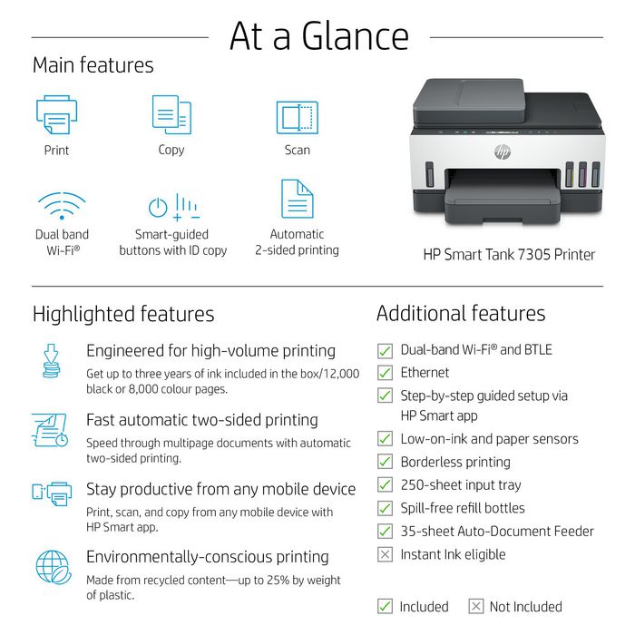 HP Smart Tank 7305 Multifonction couleur Wi-Fi Duplex - Imprimante jet d'encre, scanner, copieur, ADF 35 pages, rechargeable HP Smart Tank 7305 Multifonction couleur Wi-Fi Duplex - Imprimante jet d'encre, scanner, copieur, ADF 35 pages, rechargeable
