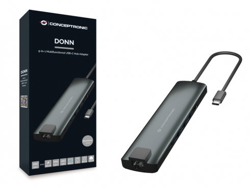 Conceptronic Adaptateur USB Type C Hub 9-en-1 HDMI RJ-45 USB 3.2 Lecteur de Carte Aluminium Noir Argent