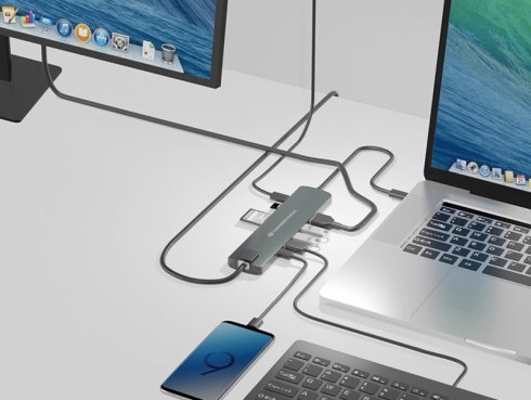 Conceptronic Adaptateur USB Type C Hub 9-en-1 HDMI RJ-45 USB 3.2 Lecteur de Carte Aluminium Noir Argent
