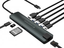 Conceptronic Adaptateur USB Type C Hub 9-en-1 HDMI RJ-45 USB 3.2 Lecteur de Carte Aluminium Noir Argent