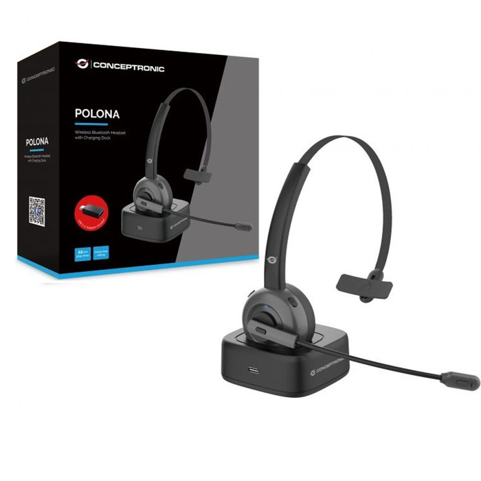 Conceptronic POLONA03BD Oreillette Bluetooth Mono avec Base de Charge, Réduction de Bruit CVC, Autonomie 22h, Léger et Confortable