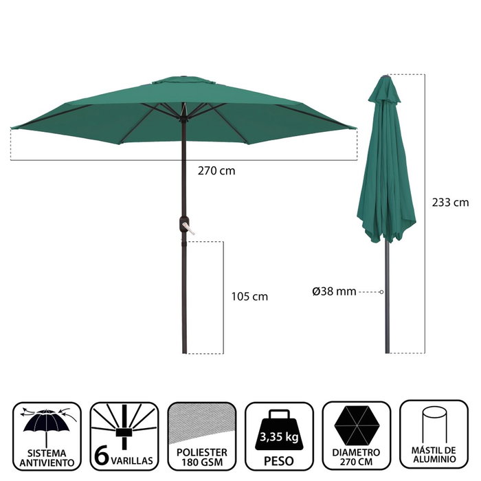 BigBuy Home Parasol Monty Aluminium Vert 270 cm BigBuy Home Parasol Monty Aluminium Vert 270 cm