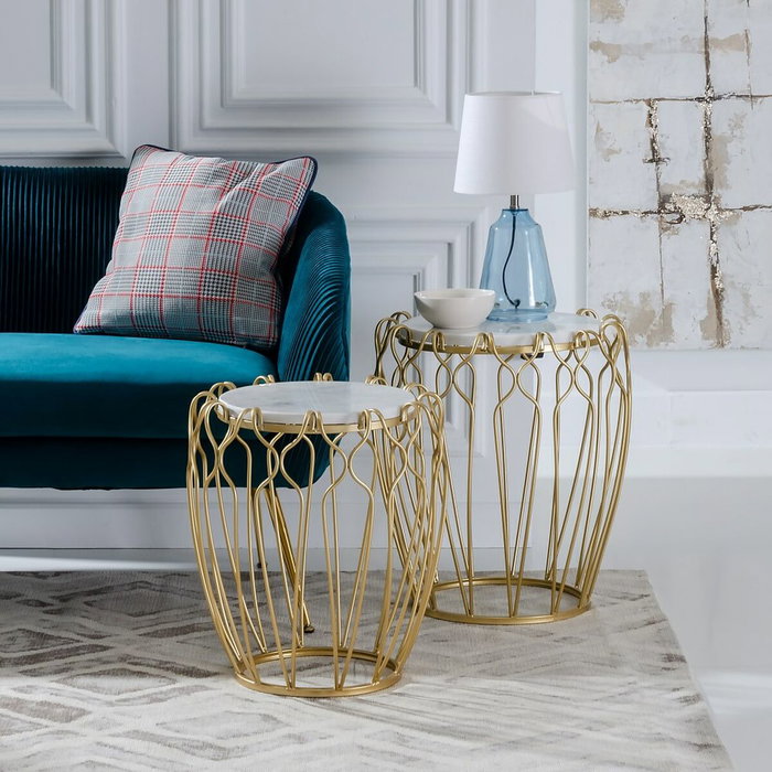BigBuy Home Table d'appoint Circulaire en Marbre et Métal Doré