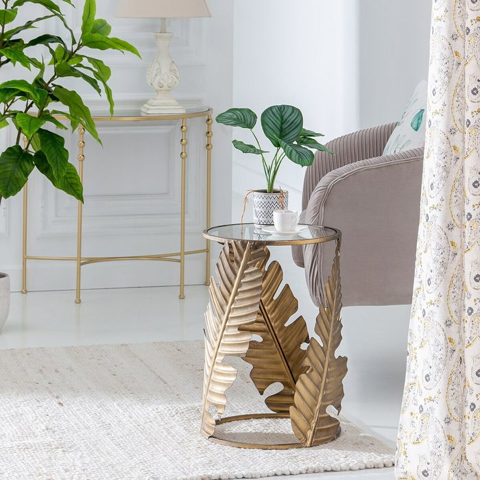 BigBuy Home Table d'appoint Volets Verre Doré Métal BigBuy Home Table d'appoint Volets Verre Doré Métal