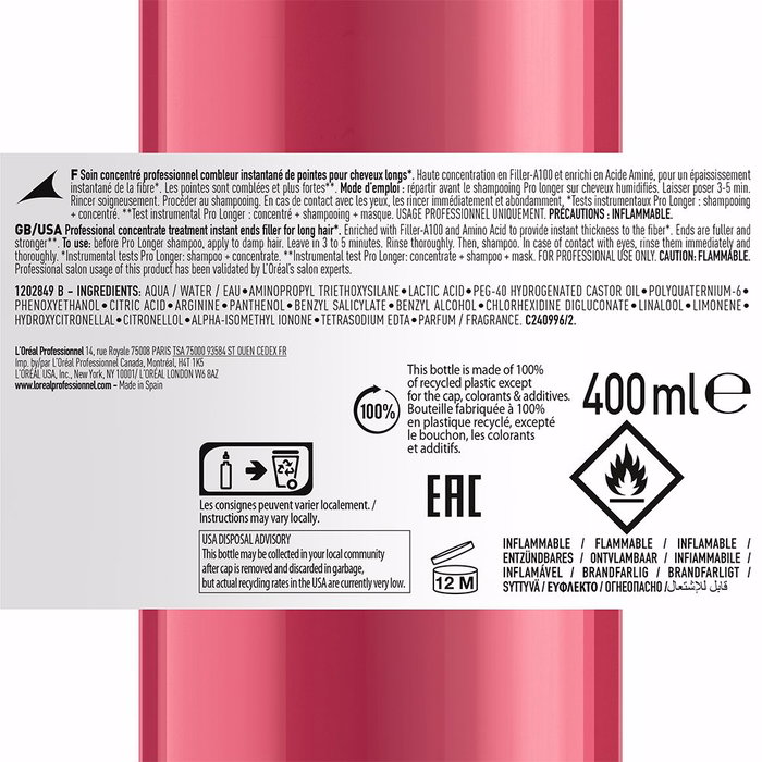 L'Oreal Professionnel, Serie Expert Pro Longer, Lotion Traitement Capillaire pour Pointes Fourchues, Scellant, 400 ml L'Oreal Professionnel, Serie Expert Pro Longer, Lotion Traitement Capillaire pour Pointes Fourchues, Scellant, 400 ml
