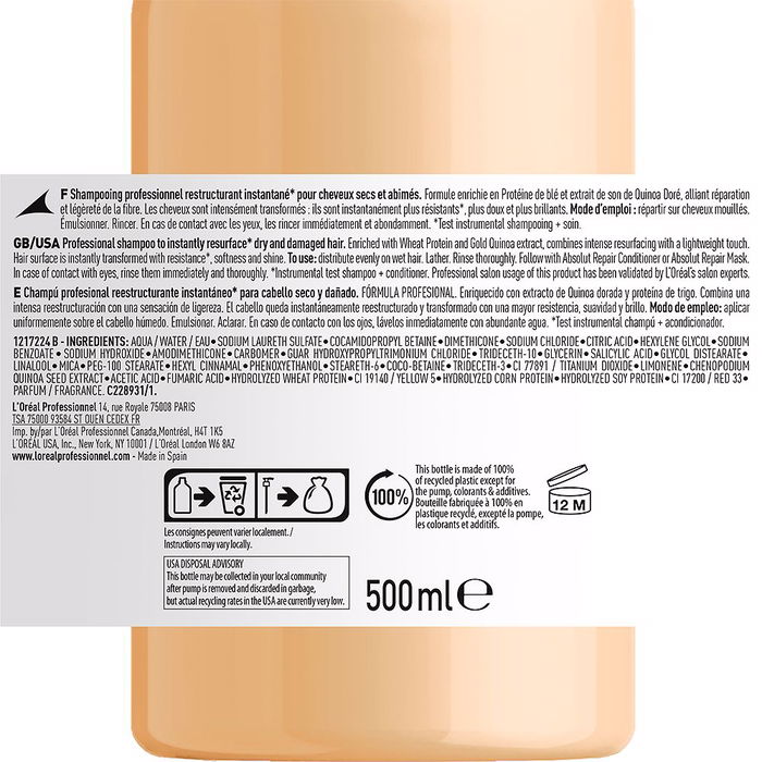 L'Oréal Professionnel Paris Shampoing Absolut Repair 500 ml Soin Cheveux Réparateur Intensif