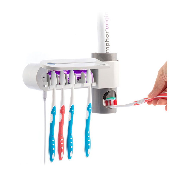 Innovagoods Smiluv Esterilizateur UV pour brosses à dents avec support mural et distributeur de dentifrice 3 en 1 capacité 5 brosses, désinfection rapide