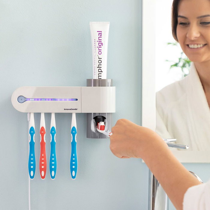 Innovagoods Smiluv Esterilizateur UV pour brosses à dents avec support mural et distributeur de dentifrice 3 en 1 capacité 5 brosses, désinfection rapide