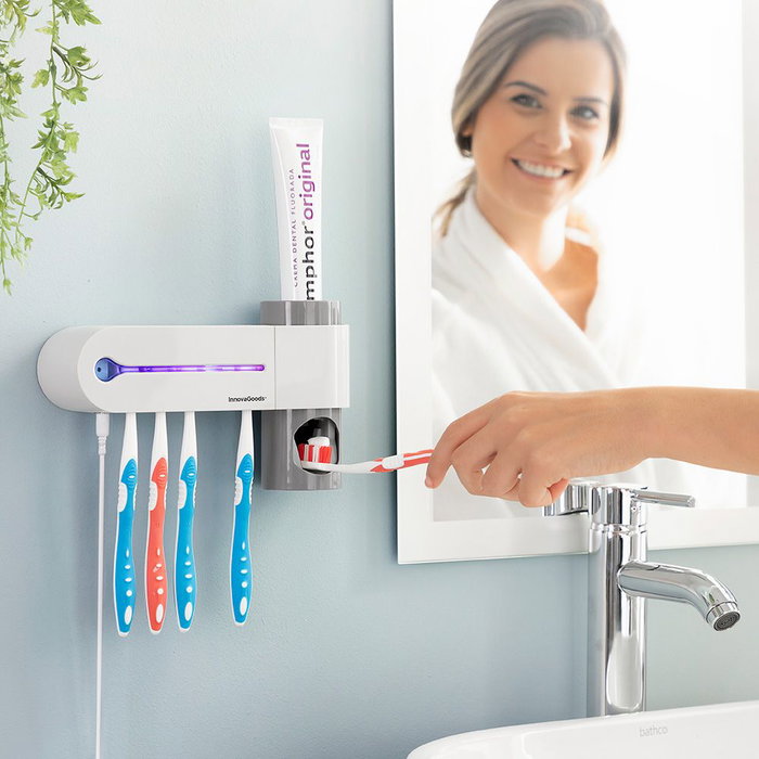 Innovagoods Smiluv Esterilizateur UV pour brosses à dents avec support mural et distributeur de dentifrice 3 en 1 capacité 5 brosses, désinfection rapide