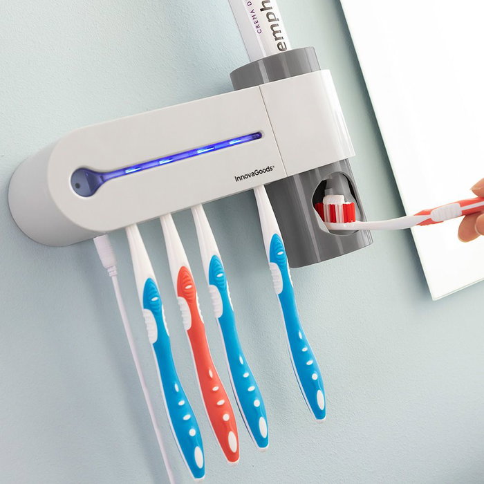 Innovagoods Smiluv Esterilizateur UV pour brosses à dents avec support mural et distributeur de dentifrice 3 en 1 capacité 5 brosses, désinfection rapide